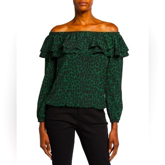 MICHAEL Michael Kors Tops - Michael Kors Green Black Leopard Print Off Shoulder Blouse Top
